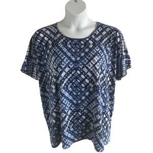 Cuddl Duds Women’s Top XXL Blue White Tie Dye Geometric Short Sleeve Shirt